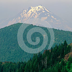 Mount Jefferson awash in wildfire haze, from the summit of Iron Mountain, Willamette National Forest, Cascade Range, Oregon