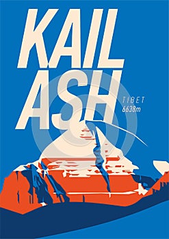 Mount Kailash in Himalayas, Tibet outdoor adventure poster. mountain illustration.