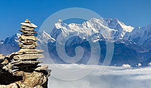 mount Kangchenjunga 8586 m with stone pyramid