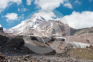 Mount Kazbek 5047m at Gergeti Glacier. a famous landscape in Kazbegi, Mtskheta-Mtianeti, Georgia