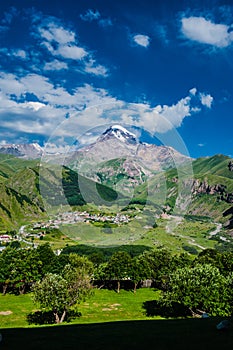 Mount Kazbek view from Stepantsminda town in Georgia in good weather