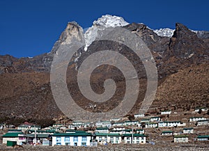 Mount Khumbila and Khumjung village in Sagarmatha National Park, Nepal Himalaya