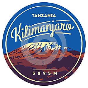 Mount Kilimanjaro in Africa, Tanzania outdoor adventure badge. Higest volcano on Earth illustration.