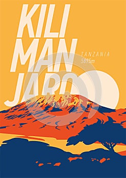 Mount Kilimanjaro in Africa, Tanzania outdoor adventure poster. Higest volcano on Earth at sunset illustration. photo