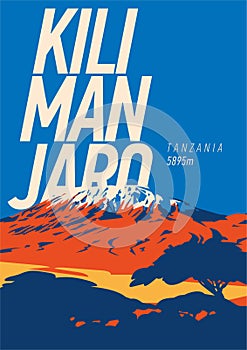 Mount Kilimanjaro in Africa, Tanzania outdoor adventure poster. Higest volcano on Earth illustration. photo