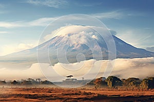 Mount Kilimanjaro. African landscape with blue sky and white clouds. Generative ai art