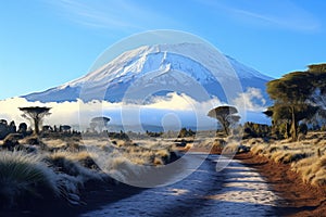 Mount Kilimanjaro. African landscape with blue sky and white clouds. Generative ai art