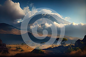 Mount Kilimanjaro. African landscape with blue sky and white clouds. Generative ai art