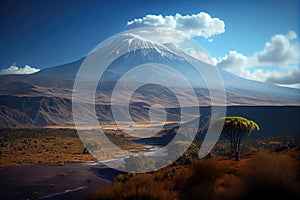 Mount Kilimanjaro. African landscape with blue sky and white clouds. Generative ai art