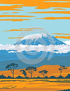 Mount Kilimanjaro Dormant Volcano in Tanzania the Highest Mountain in Africa WPA Poster Art photo