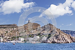 Mount Krepostnaya with the ruins of the medieval Genoese fortress Chembalo, Balaklava region of Sevastopol, Crimean