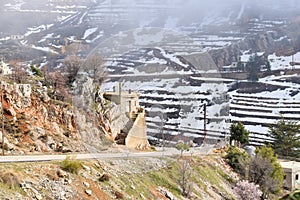 Mount Lebanon.  Mountain landscape in Lebanon in winter with snow on terrace culture  near laqlooq photo