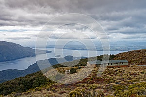 Mount Luxmore hut overlooking Lake Te Anau from the Kepler Track