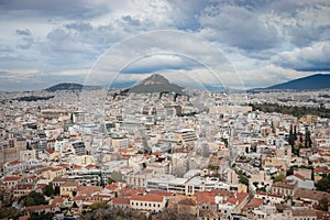 Mount Lycabettus also known as Lycabettos, Lykabettos or Lykavittos a Cretaceous limestone hill in Athens, Greece