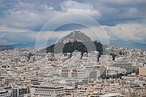 Mount Lycabettus also known as Lycabettos, Lykabettos or Lykavittos a Cretaceous limestone hill in Athens, Greece