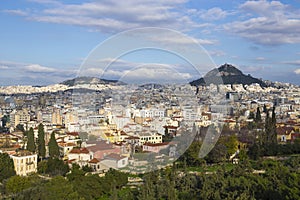 Mount Lycabettus in Athens, Greece. Picturesque city skyline view