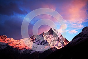 Mount Machapuchare (Fishtail) at sunset, view from Annapurna base camp photo