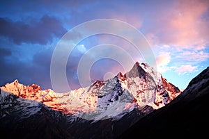 Mount Machapuchare (Fishtail) at sunset, view from Annapurna base camp