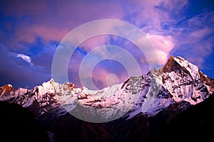 Mount Machapuchare (Fishtail) at sunset, view from Annapurna base camp