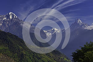 Mount Machhapuchhre or Fishtail in the Himalayas in Nepal