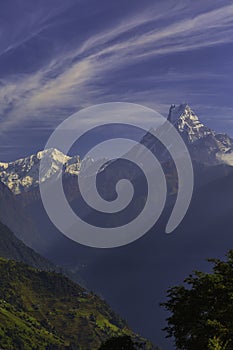 Mount Machhapuchhre or Fishtail in the Himalayas in Nepal