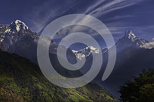 Mount Machhapuchhre or Fishtail in the Himalayas in Nepal