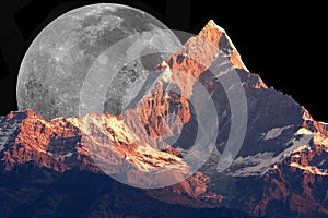 Mount Machhapuchhre and the Moon