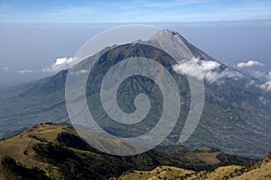 Mount merapi view from the merbabu mountain hiking trail