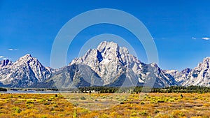 Mount Moran and Mount St. John from the edge of Jackson Lake