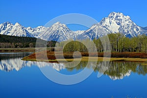 Grand Teton National Park, Rocky Mountains, Mount Moran and Teton Range Reflected in Oxbow Bend of Snake River, Wyoming, USA