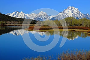 Mount Moran and Rocky Mountains reflected in Oxbow Bend of the Snake River, Grand Teton National Park, Wyoming