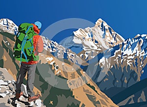 mount Nanda Devi vector illustration with hiker