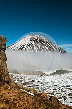 Mount Ngauruhoe view with the Devil`s Staircase mountain climbing and tramping at Tongariro crossing