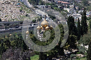 Mount of Olives in Jerusalem. Golden domes of Church of Mary Magdalene located on Mount of Olives.