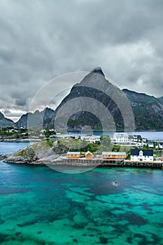 Mount Olstind above the Sakrisoy fishing village, Lofoten