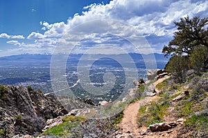 Mount Olympus Peak hiking trail views spring via Bonneville Shoreline, Wasatch Front Rocky Mountains, by Salt Lake City, Utah. Uni