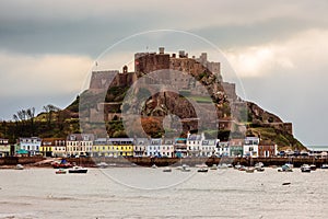 Mount Orgueil castle over the Gorey village, Saint Martin, bailiwick of Jersey, Channel Islands