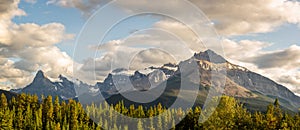 Mount Outram and Survey peak at sunset, view from Icefields Parkway in Banff National Park, Alberta, Rocky Mountains, Canada