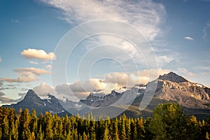 Mount Outram and Survey peak at sunset, view from Icefields Parkway in Banff National Park, Alberta, Rocky Mountains Canada