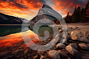 Mount Rainier, Canadian Rockies, Banff National Park, Alberta, Canada, Sunrise reflects on an orange mountain at Lake Minnewanka