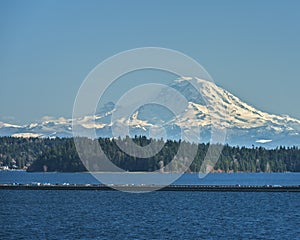 Mount Rainier and Interstate 90 Floating Bridge over Lake Washington