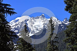 Mount Rainier National Park with Glaciers and Snow in Late Spring in the Cascades, Pacific Northwest, Washington State