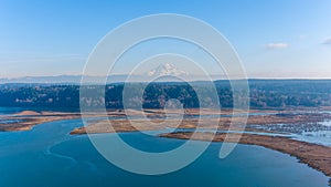 Mount Rainier and the Puget Sound at Nisqually Reach in Lacey, Washington