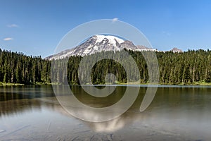 Mount Rainier, Washington State, reflected in the reflection pools in the national park.