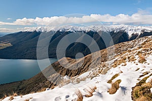 Mount Robert, Lake Rotoiti and Saint Arnaud Range in winter, South Island, New Zealand