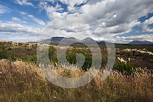 Mount Ruapehu and Mount Tongariro seen from the border of the park