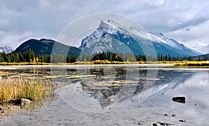 Mount Rundle reflection in Vermillion Lake in autumn.