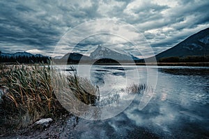 Mount Rundle and Vermillion Lakes in a cloudy sunset, Banff, Alberta, Canada