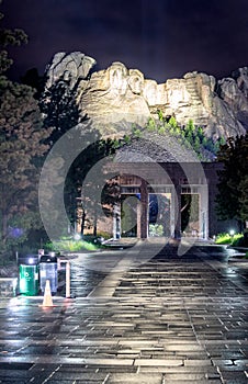 Mount Rushmore entrance at night from the avenue of flags, South Dakota