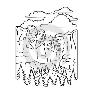 Mount Rushmore National Memorial Shrine of Democracy South Dakota USA Mono Line Art